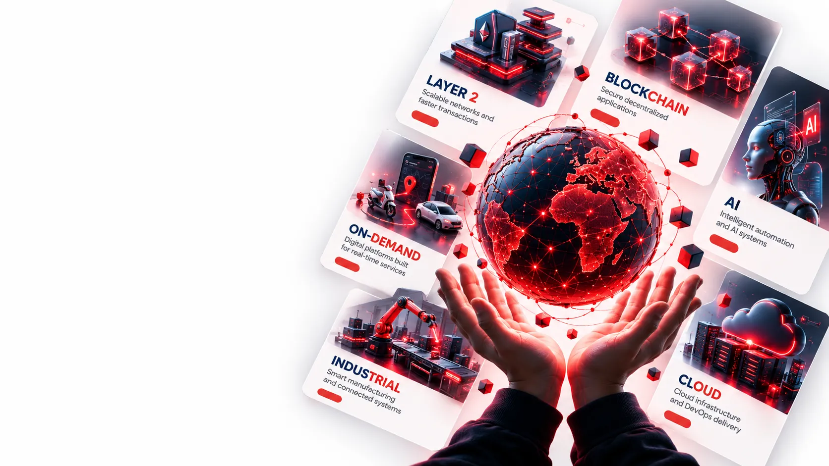 A red globe held in two hands, surrounded by cards for Layer 2, Blockchain, AI, On-Demand, Industrial and Cloud