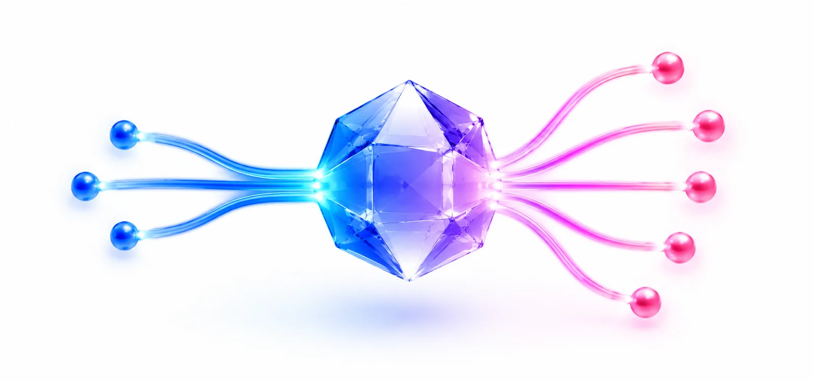 A faceted model node with data streams flowing in and out, representing AI development