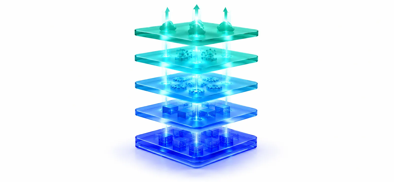 Stacked infrastructure layers with data flowing upward, representing a cloud deployment pipeline
